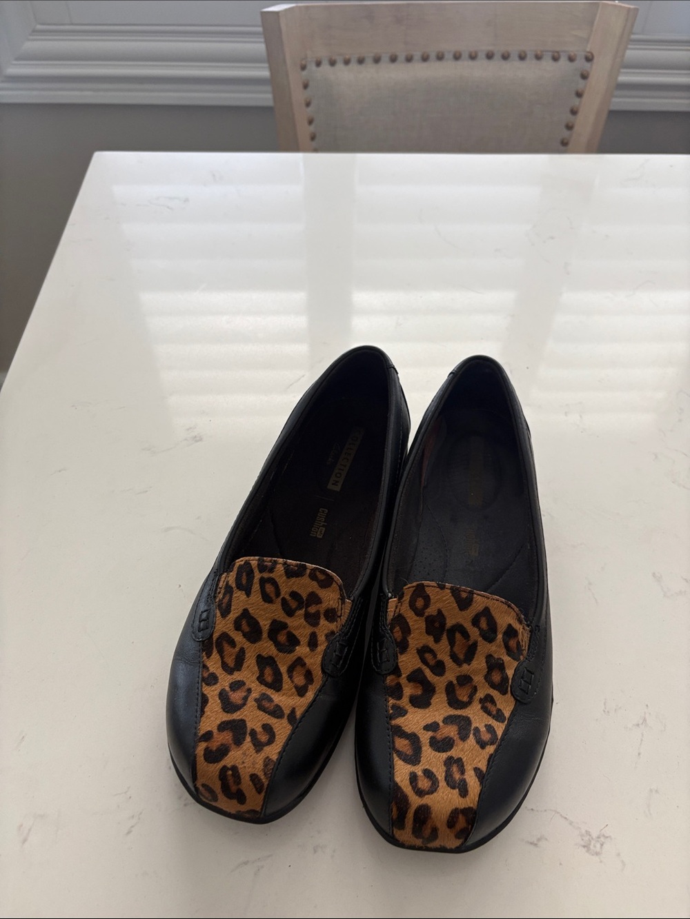 Clarks Black Leather Flats with Leopard Print Vamp